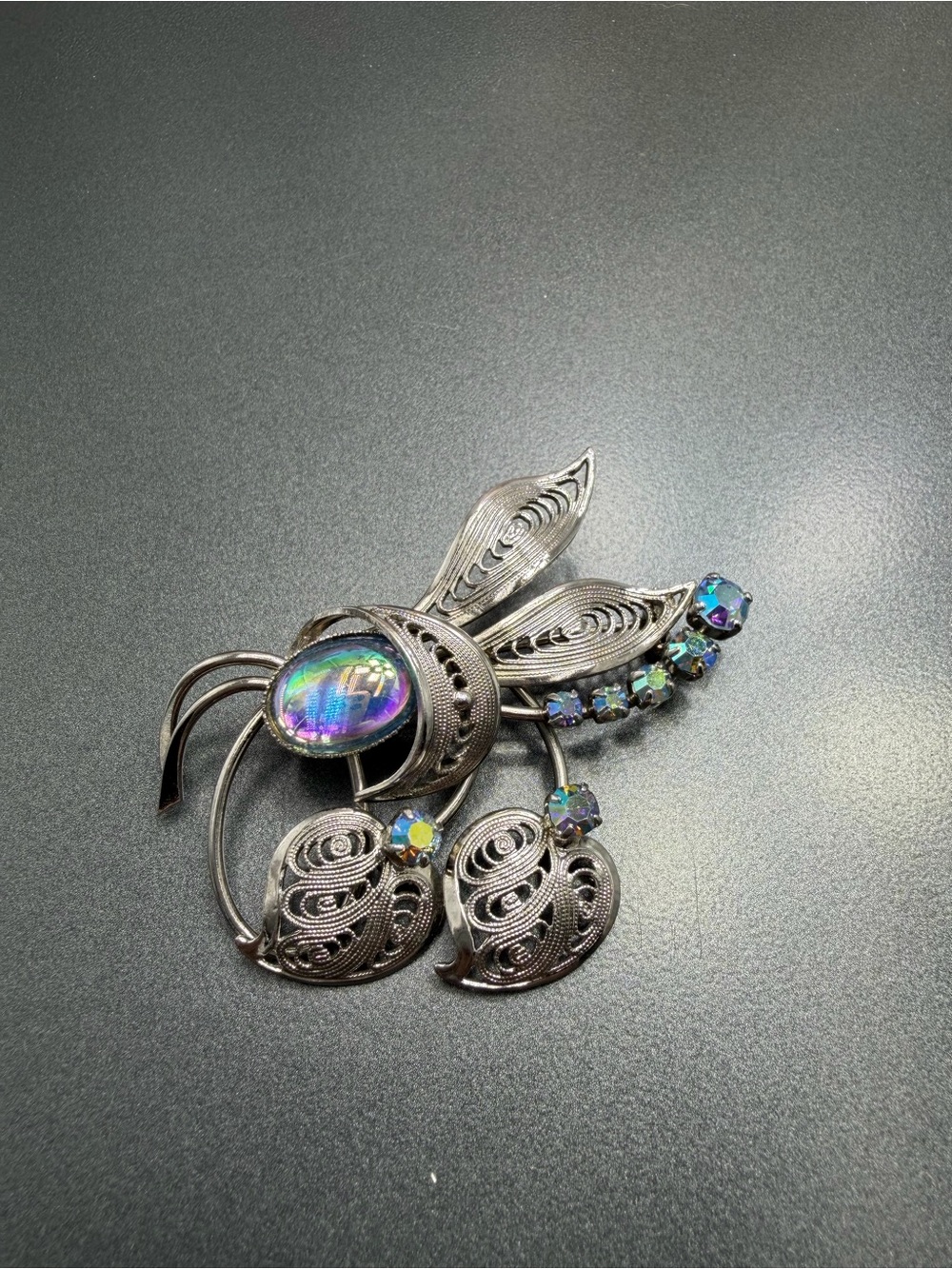 Vintage Filigree Aurora Crystal Floral Brooch #213UB